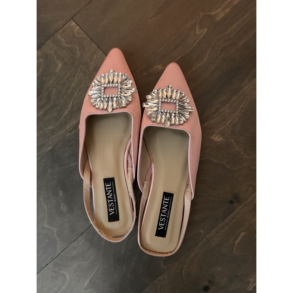 Vestante Roma Punk Satin Flat Sling back With Brooch Pink 8 Princess Wedding